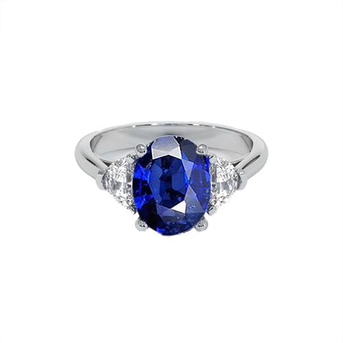 3 Stone Diamond Ring With Oval Deep Blue Sapphire 8.25 Carats Gold 14K