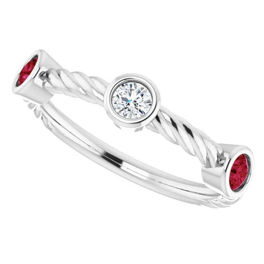 3 Stone Diamond Ruby Ring 0.90 Carats Rope Twisted Jewelry New