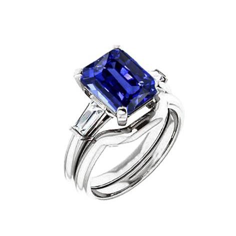 3 Stone Emerald Blue Sapphire & Baguette Diamond Ring Set 1.75 Carats