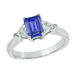 3 Stone Emerald Blue Sapphire Ring & Trillion Pair Diamonds 2 Carats