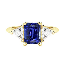 3 Stone Emerald Blue Sapphire Ring With Trillion Diamonds 2.50 Carats