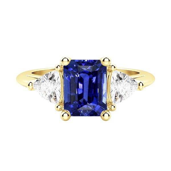 3 Stone Emerald Blue Sapphire Ring With Trillion Diamonds 2.50 Carats