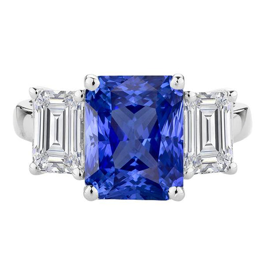 3 Stone Emerald Diamond Ring Gold Blue Sapphire Radiant 4.50 Carats