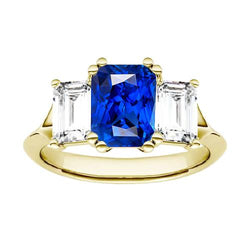 3 Stone Emerald Natural Earth Mined Diamond Sapphire Ring Split Shank Yellow Gold 2 Carats