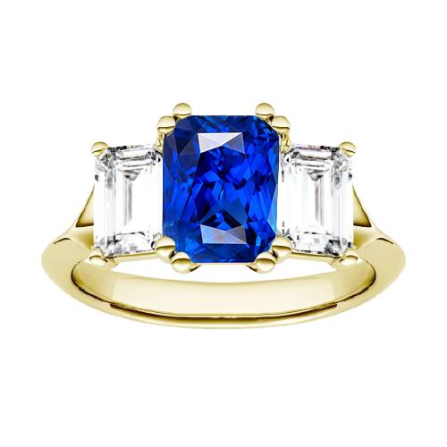 3 Stone Emerald Diamond Sapphire Ring Split Shank Yellow Gold 2 Carats