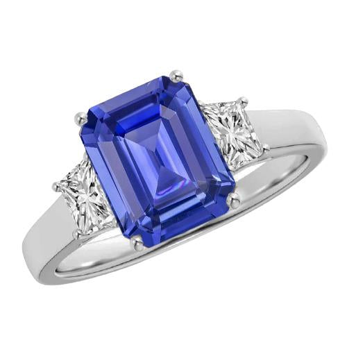 3 Stone Emerald Sapphire Ring & Radiant Diamond Jewelry 2.75 Carats