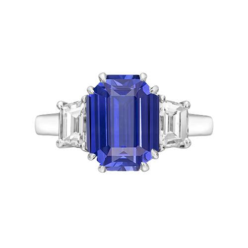 3 Stone Emerald & Trapezoid Diamond Ceylon Sapphire Ring 3 Carats