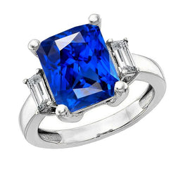 3 Stone Gold Radiant Sapphire Ring Straight Baguette Natural Earth Mined Diamonds 4 Carats