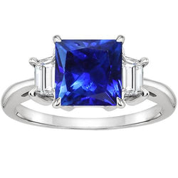 3 Stone Gold Ring Princess Blue Sapphire & Trapezoid Natural Earth Mined Diamonds 4 Carats