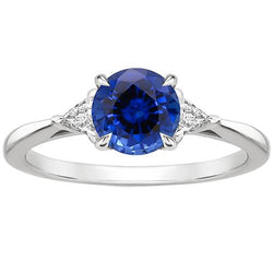 3 Stone Gold Ring Round Blue Sapphire & Trillion Diamonds 2.50 Carats