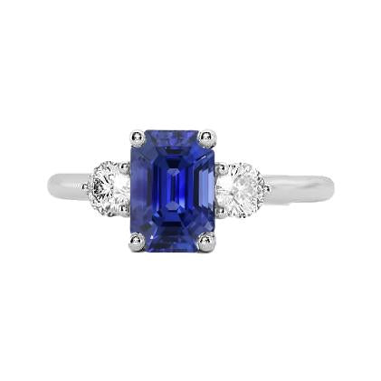 3 Stone Natural Blue Sapphire Emerald Ring & Diamonds 3 Carats