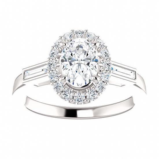 3 Stone Oval & Baguette Engagement Ring 1.30 Carats White Gold 14K