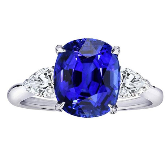 3 Stone Oval Ring Prong Blue Sapphire & Pear Diamonds 4.50 Carats