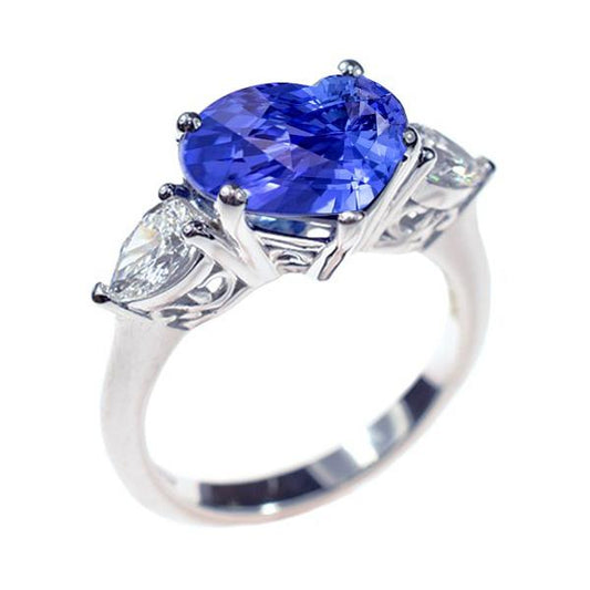3 Stone Pear Diamond & Heart Blue Sapphire Ring 3 Carats Gold Jewelry