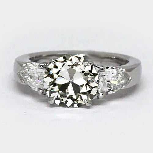 3 Stone Pear & Round Old Mine Cut Diamond Ring Prong Set 3 Carats