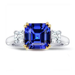 3 Stone Radiant Natural Earth Mined Diamond & Asscher Sapphire Ring 2.50 Carats Two Tone