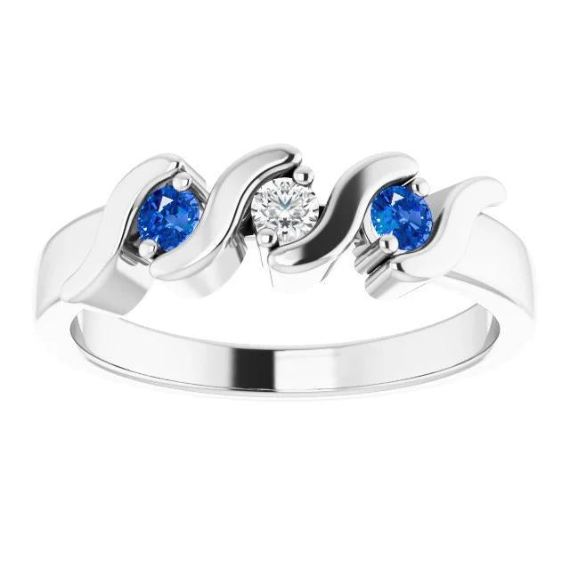 3 Stone Ring 0.90 Carats Diamond Ceylon Blue Sapphire White Gold 14K