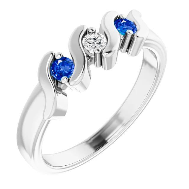 3 Stone Ring 0.90 Carats Diamond Ceylon Blue Sapphire White Gold 14K