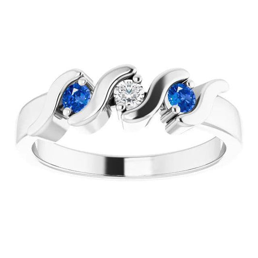 3 Stone Ring 0.90 Carats Diamond Ceylon Blue Sapphire White Gold 14K