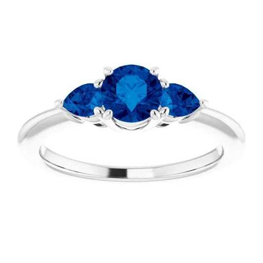 3 Stone Ring 1.50 Carats Round Ceylon Blue Sapphires White Gold 14K