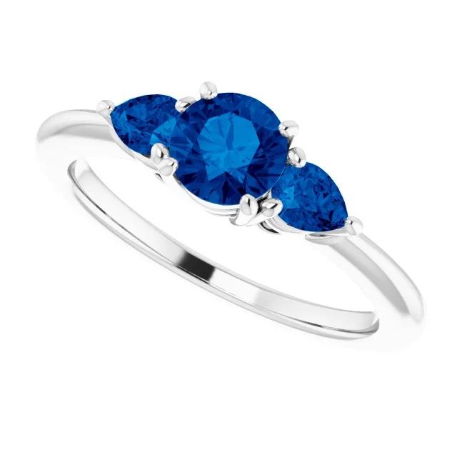 3 Stone Ring 1.50 Carats Round Ceylon Blue Sapphires White Gold 14K