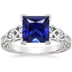 3 Stone Ring 5.25 Carats Filigree Princess Blue Sapphire & Natural Earth Mined Diamond New