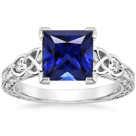 3 Stone Ring 5.25 Carats Filigree Princess Blue Sapphire & Diamond New