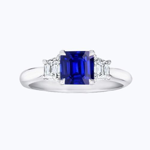 3 Stone Ring Asscher Cut Blue Sapphire & Trapezoid Diamonds 2 Carats