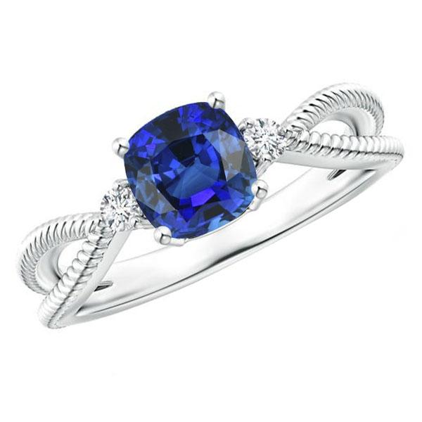 3 Stone Ring Cushion Blue Sapphire Rope Style 2.25 Carats Split Shank