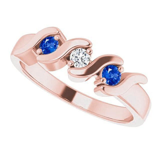 3 Stone Ring Diamond Blue Sapphire 0.90 Carats Rose Gold 14K