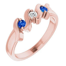 3 Stone Ring Diamond Blue Sapphire 0.90 Carats Rose Gold 14K