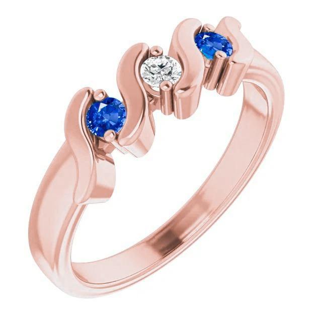 3 Stone Ring Diamond Blue Sapphire 0.90 Carats Rose Gold 14K