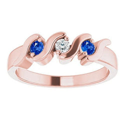 3 Stone Ring Natural Earth Mined Diamond Blue Sapphire 0.90 Carats Rose Gold 14K