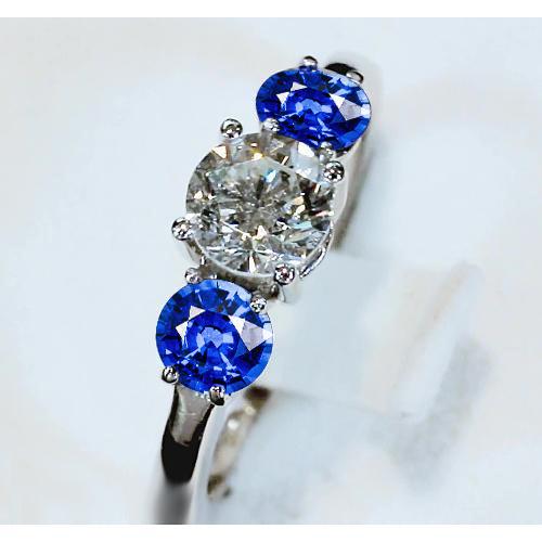 3 Stone Ring Diamond & Blue Sapphire 3.50 Carats Cathedral Setting