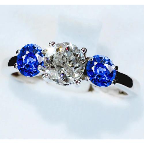 3 Stone Ring Diamond & Blue Sapphire 3.50 Carats Cathedral Setting