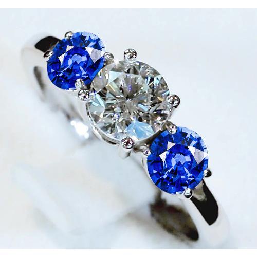 3 Stone Ring Diamond & Blue Sapphire 3.50 Carats Cathedral Setting