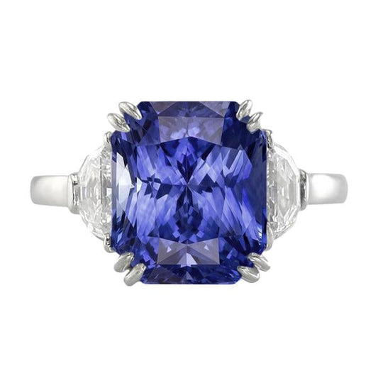3 Stone Ring Double Prong Radiant Sapphire 4 Carats Half Moon Diamonds