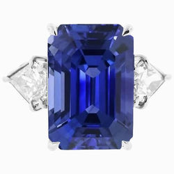 3 Stone Ring Emerald Blue Sapphire & Trillion Natural Earth Mined Diamonds 4.50 Carats New