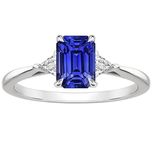3 Stone Ring Emerald Ceylon Sapphire & Trillion Cut Diamond 3.50 Carat