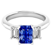 3 Stone Ring Emerald Diamonds & Radiant Deep Blue Sapphire 2.50 Carats