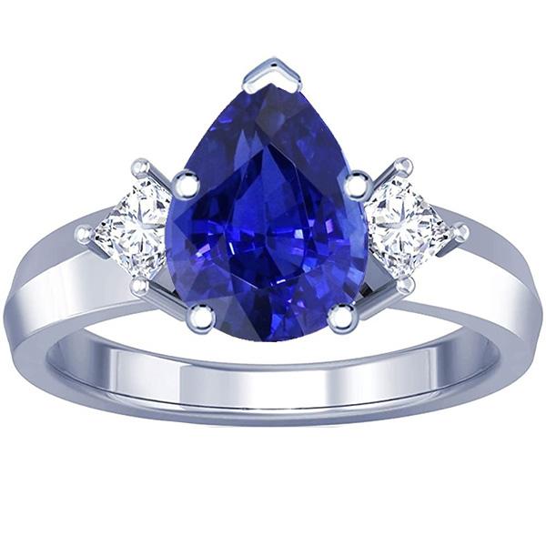 3 Stone Ring Pear Blue Sapphire & Princess Diamonds 3 Carats Gold 14K