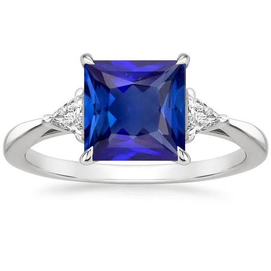 3 Stone Ring Princess Blue Sapphire & Trillion Cut Diamonds 5.50 Carat