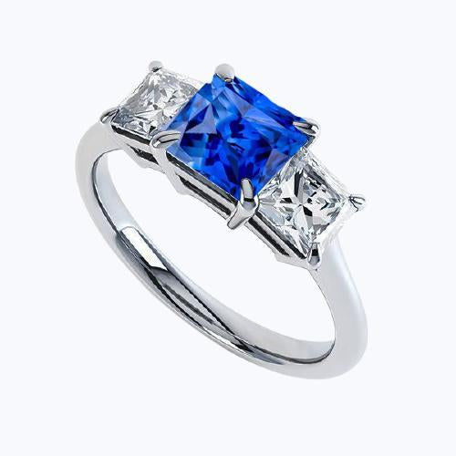 3 Stone Ring Princess Prong Set Ceylon Sapphire & Diamonds 2 Carats