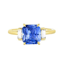 3 Stone Ring Radiant Blue Sapphire 2.50 Carats Baguette Diamonds