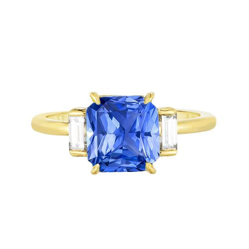 3 Stone Ring Radiant Blue Sapphire 2.50 Carats Baguette Diamonds