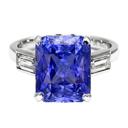 3 Stone Ring Radiant Sapphire & Baguette Natural Earth Mined Diamonds 4 Carats White Gold