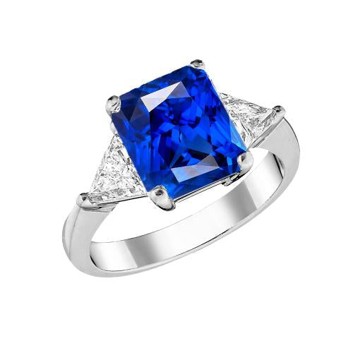 3 Stone Ring Radiant Sapphire & Trillion Diamonds Jewelry 2.50 Carats