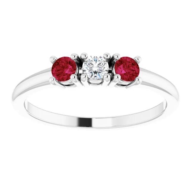 3 Stone Ring Round Diamond Ruby 0.60 Carats White Gold 14K