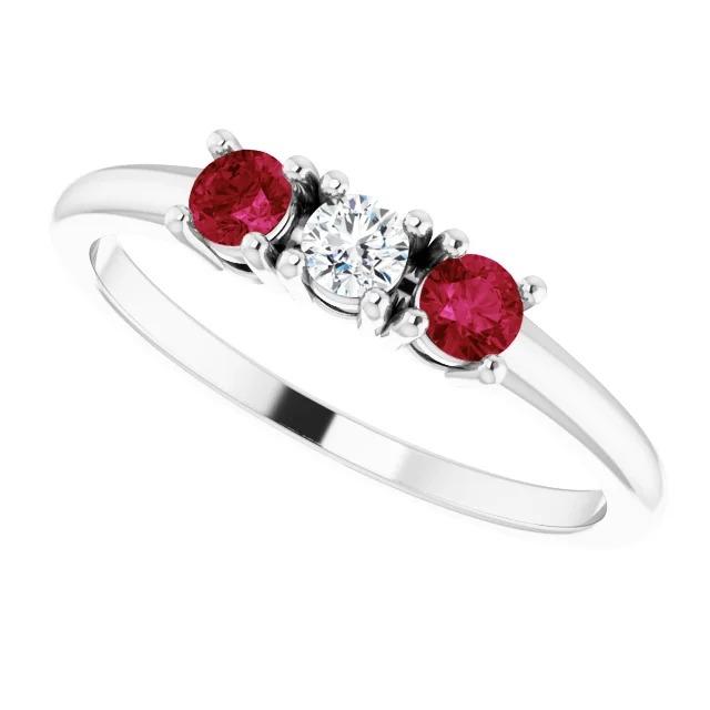 3 Stone Ring Round Diamond Ruby 0.60 Carats White Gold 14K