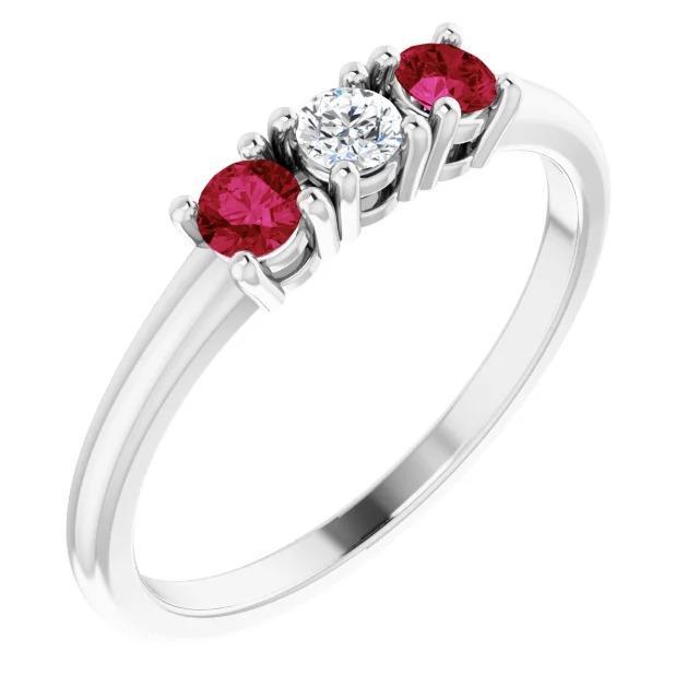 3 Stone Ring Round Diamond Ruby 0.60 Carats White Gold 14K